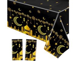 HOWAF 2 Eid Ramadan tafelkleed feesttafelkleed, Eid Mubarak tafelkleed Ramadan tafelkleed Eid Ramadan Mubarak tafelkleed waterdicht PVC voor Ramadan decoraties Eid decoraties, zwart goud