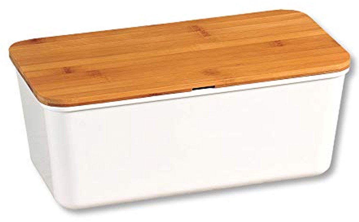 Praktische Melamine Broodtrommel met Bamboe Snijplank - Wit, 34x18x14 cm