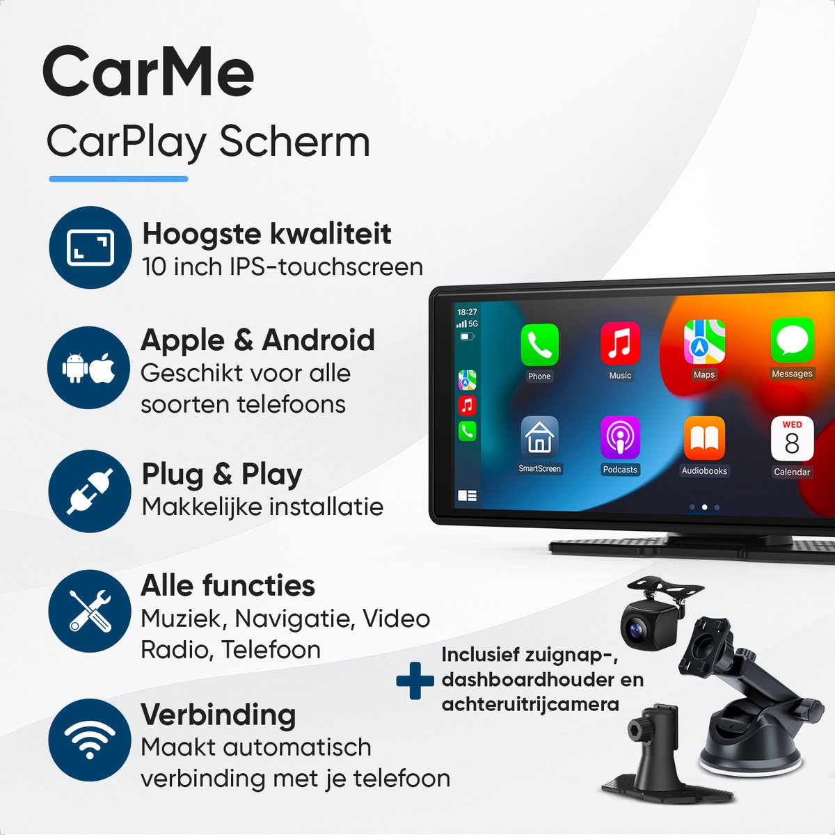 CarMe 10 Inch CarPlay Scherm Draadloos met Achteruitrijcamera 6m, Apple CarPlay & Android Auto Touchscreen - Afbeelding 3