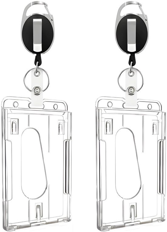 Twee transparante badgehouders met zwart uittrekbaar koord en clip.