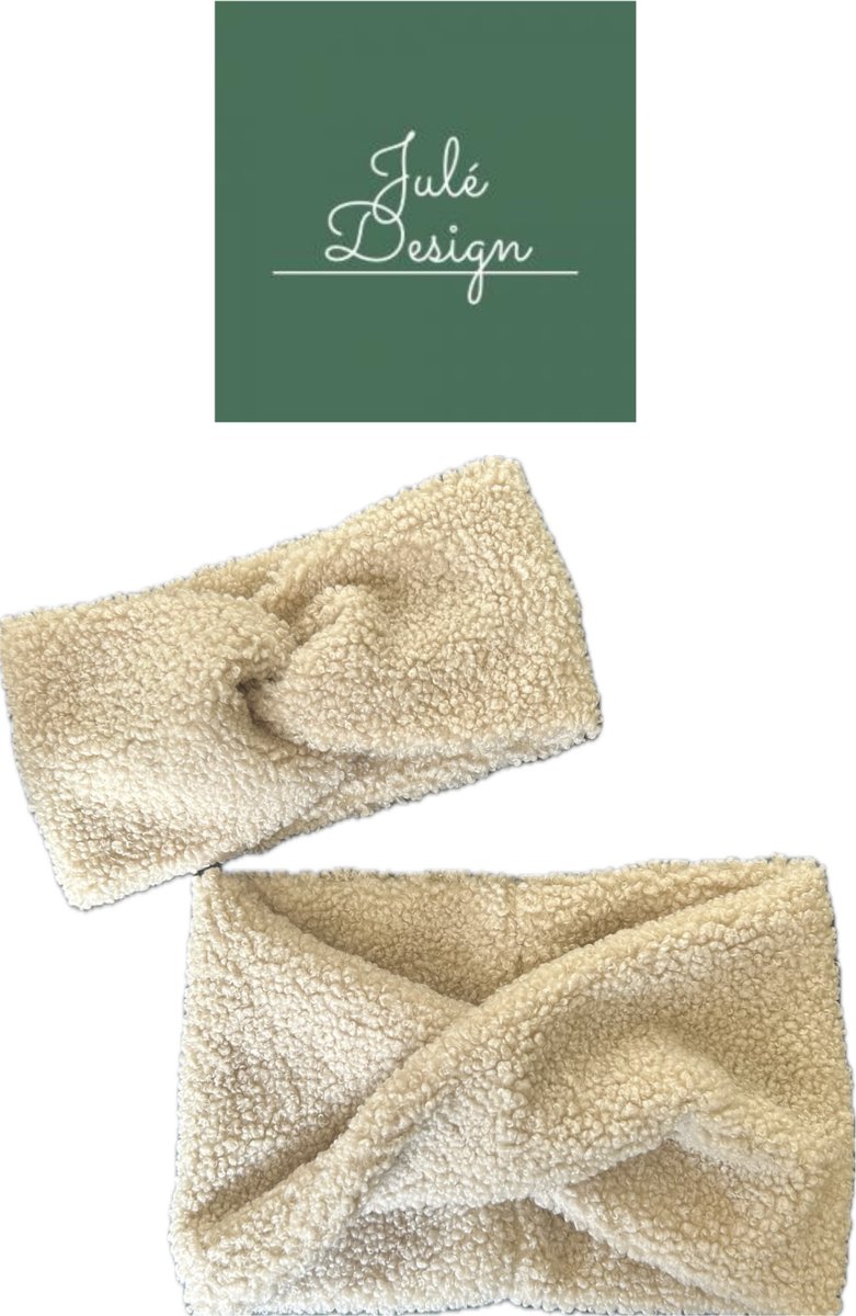 Julé Design dames teddy combi set colsjaal / haarband bouclé beige