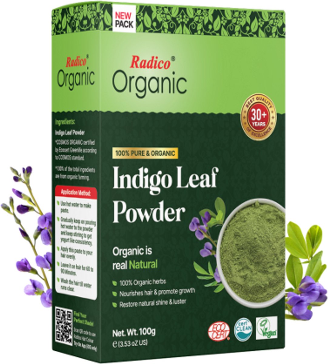 Radico 100% ORGANIC INDIGO 100% Natuurlijke BIO Organic Care Haarverf Zonder Ammonia PPD PTD Peroxide Waterstofperoxide met ECOCERT 100g