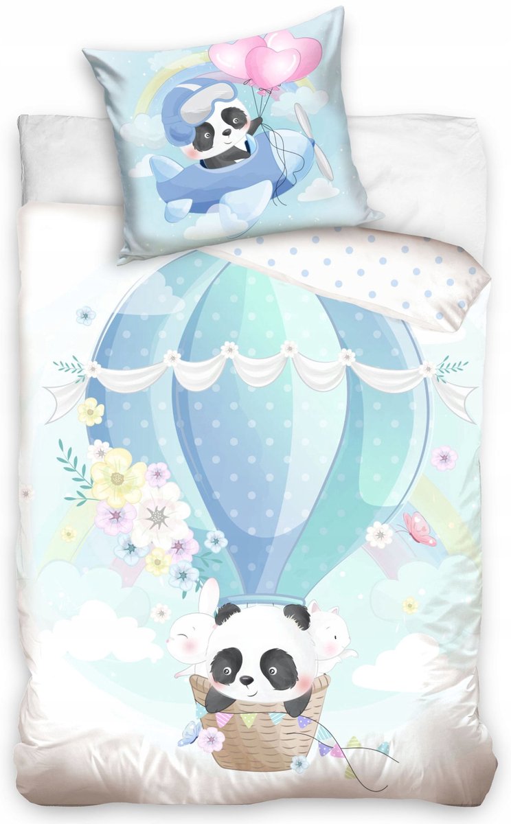 Kinderbeddengoed Panda met Ballon 160x200 cm - 100% Katoen
