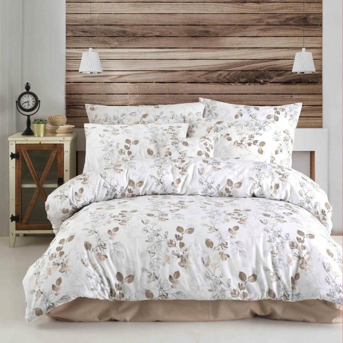 Satijnen katoenen beddengoed 220x200 met beige bladeren