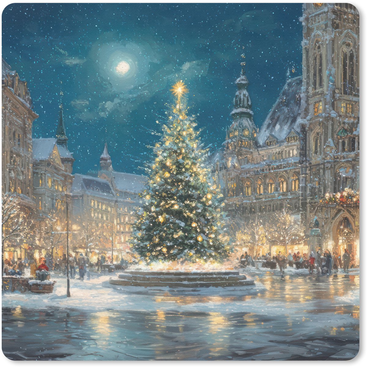Muismat 20x20 cm - Mousepad Kerstnacht - Stadsplein - Meerkleurig - Muismatten