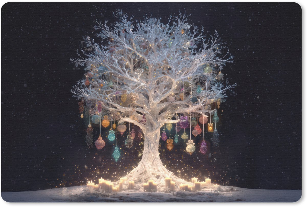 Muismat 27x18 cm - Mousepad Sneeuwboom - Lichtjes - Wit - Kleurrijk - Muismatten