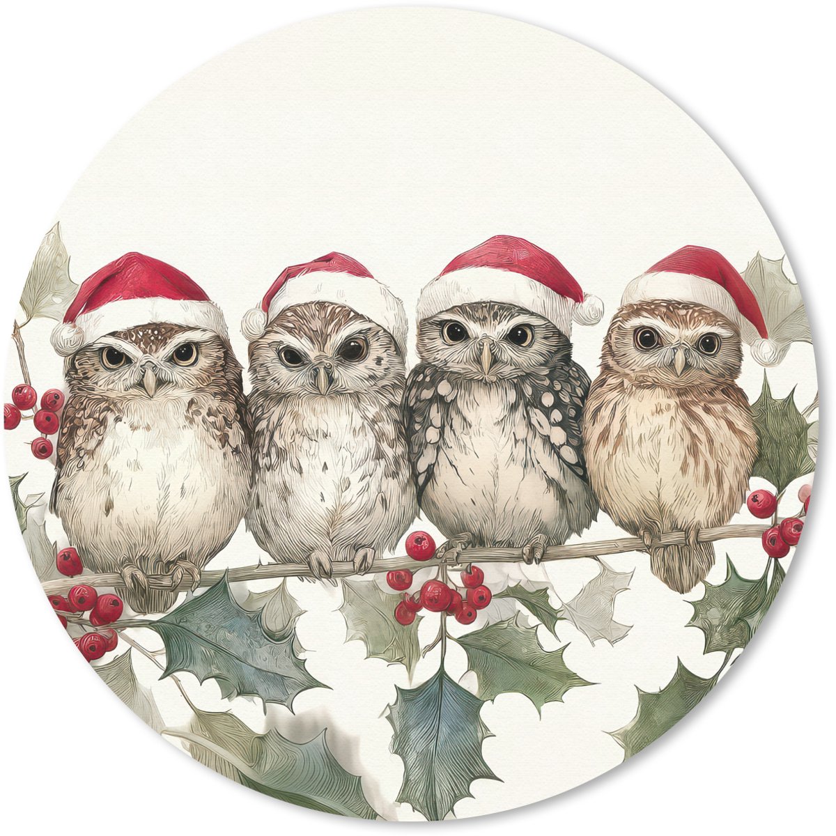 Muismat rond 20x20 cm - Mousepad Uilen - Tak - Hulstblaadjes - Kerstmuts - Ronde muismatten