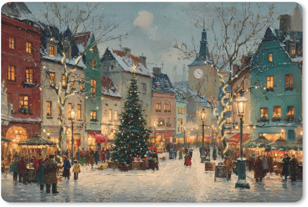Muismat 27x18 cm - Mousepad Kerstsfeer - Stadsplein - Kleurrijk - Muismatten