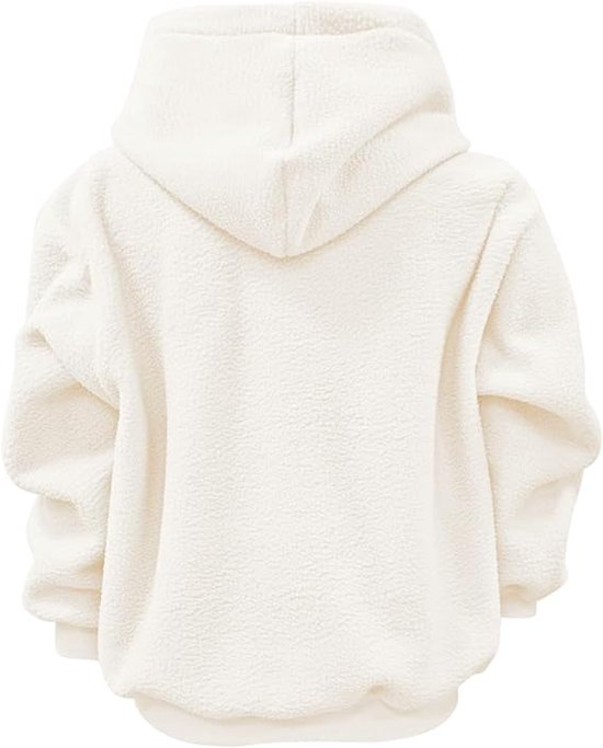 Crème effen teddy hoodie met capuchon, van achteren gezien.