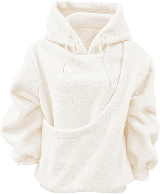 Crème effen teddy hoodie met capuchon, trekkoorden en asymmetrische zak op de voorkant.