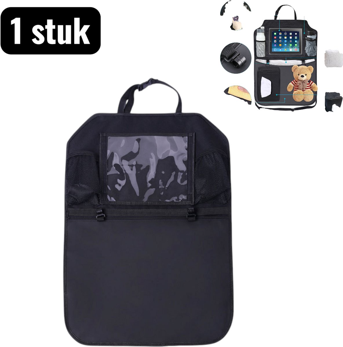 Image of 1 stuk - Autostoel Organizer - Multifunctionele Stoelhoes met Tablet Zak - Opbergtas voor Speelgoed en Spullen - Zwart