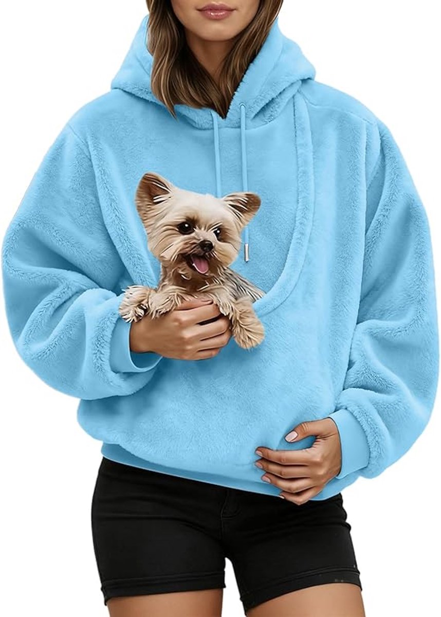 Dames Pet Pouch Hoodies - Oversized Fleece Sweatshirt - Puppy Kitten Kattenhouder Draagtassen Hoodies - Kangoeroezak - Hoodies met zakje voor huisdieren - 1 stuk - Hemelsblauw(L)