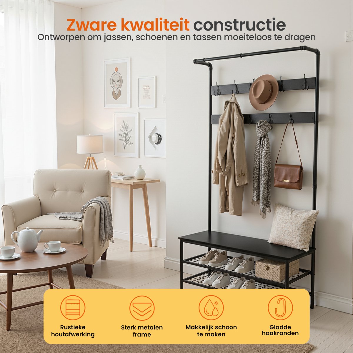 Goliving Kapstok XL – Garderoberek – Schoenenrek – Kledingrek – Staand – Industriële kast – Metaal/Hout – 100 x 41.5 x 182 cm – Zwart – foto 5