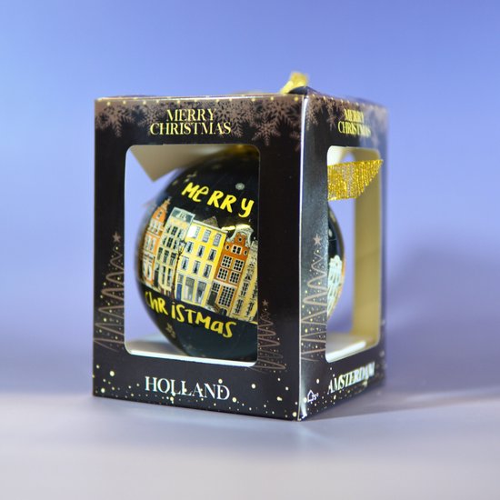 Giftbox XL Boule de Noël: "Merry Christmas" - Amsterdam, Holland avec canaux - Zwart - 1 pièce