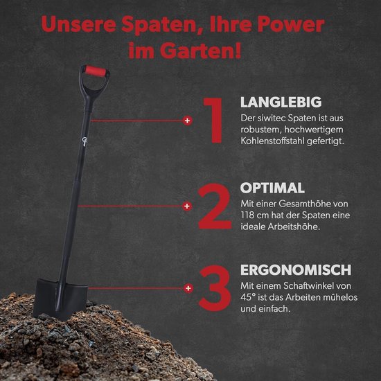 siwitec ronde tuinspade SG-220 van staal voor zachte, steenvrije grond | ergonomische spade | lengte: 118 cm | zwart | tuin | schop | tuinspade — afbeelding 5