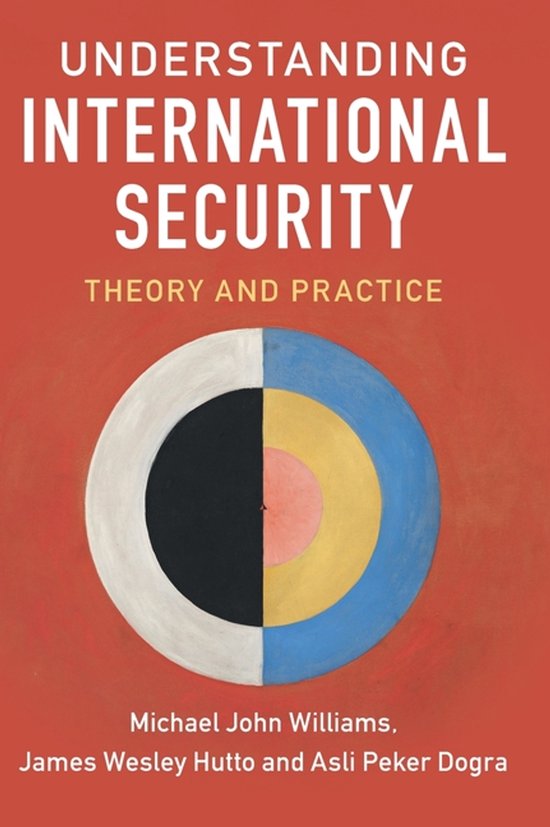 Livre 'Understanding International Security Theory and Practice' avec couverture rouge, texte et un design circulaire avec des cercles noirs, blancs, bleus, jaunes et roses.