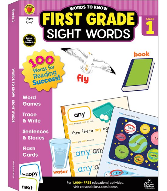 Boek 'Words to Know First Grade Sight Words' met 100 woorden voor leesplezier, met afbeeldingen van een vliegende meeuw, een boek, water en oefenpagina's met woorden als 'any' en 'from'.