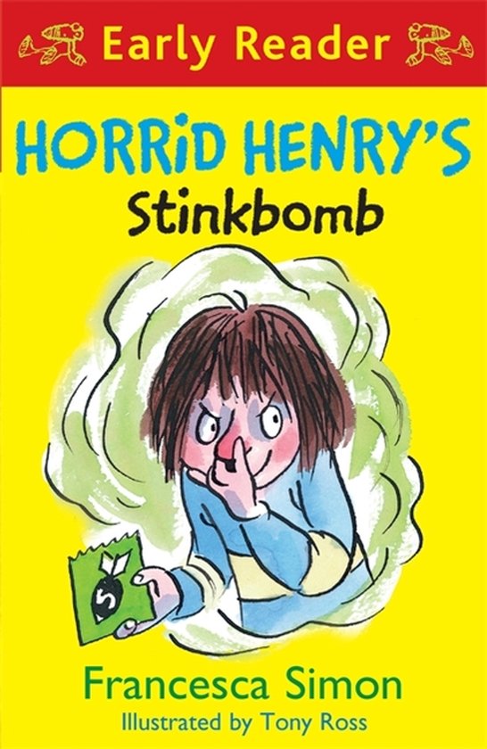 Boek "Horrid Henry's Stinkbomb" met een illustratie van Henry die een stinkbom vasthoudt.