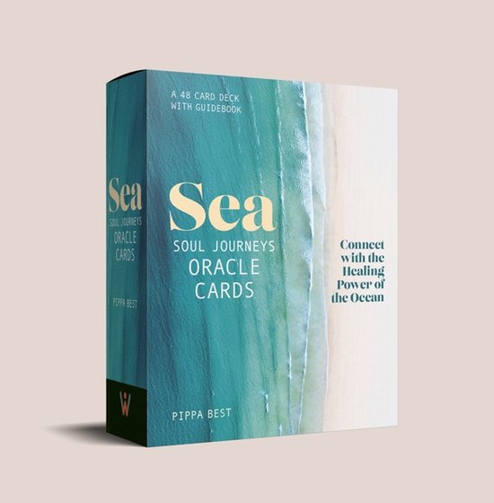 Box met 'Sea Soul Journeys Oracle Cards' in turquoise en wit, met een afbeelding van golven op een strand. "Connect with the Healing Power of the Ocean" is zichtbaar.