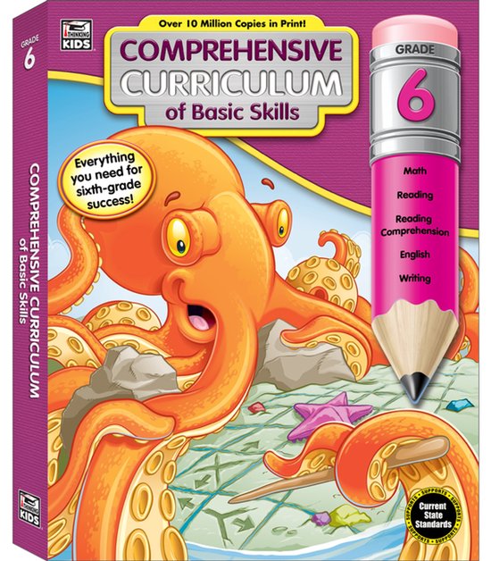 Boek "Comprehensive Curriculum of Basic Skills, Grade 6" met een oranje octopus en een roze potlood met "GRADE 6" erop.