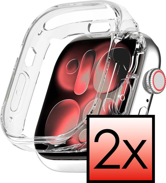 Transparant Apple Watch hoesje, met 2x logo. De watch heeft een rood scherm.
