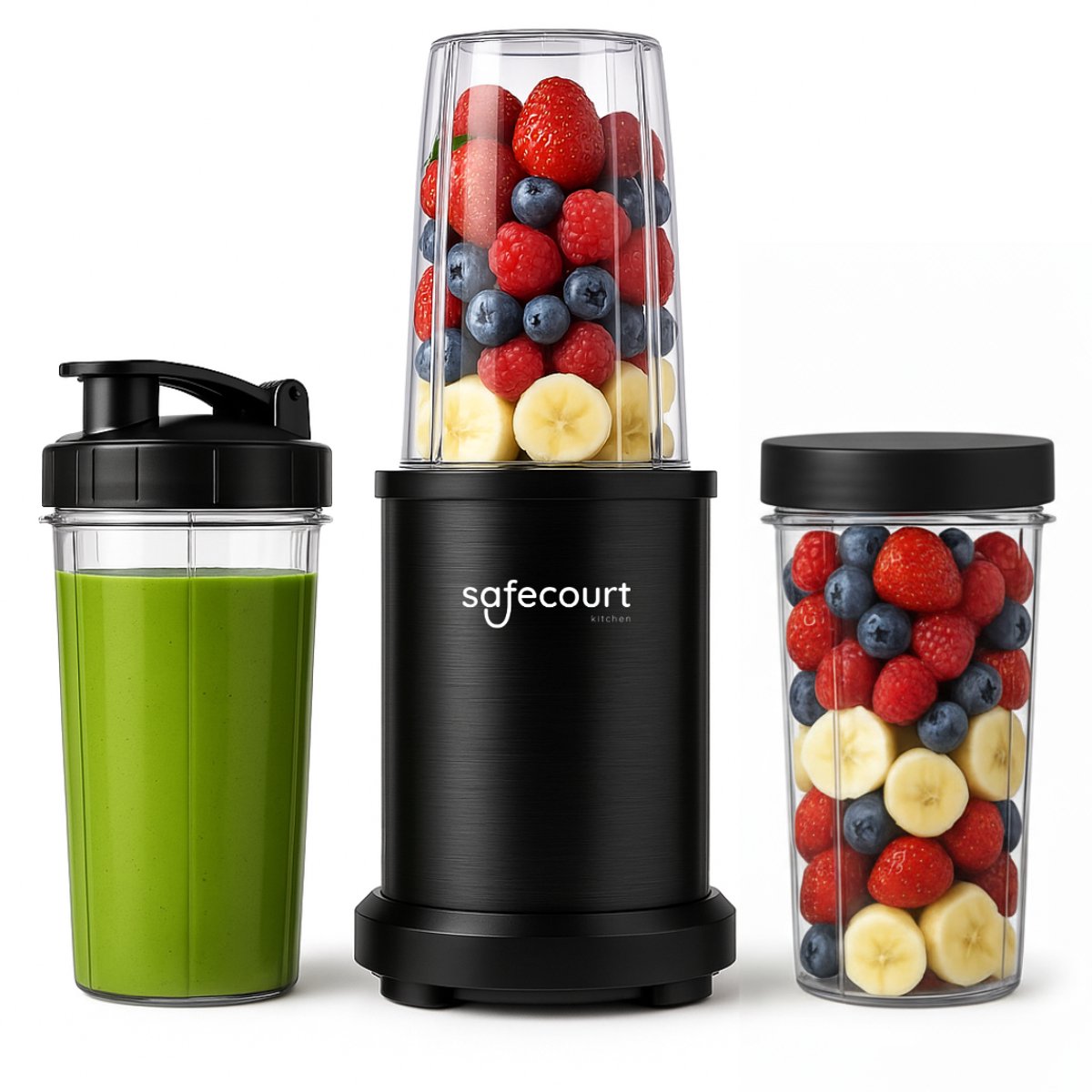 Safecourt Kitchen Power Blender – 1200W – Smoothie Maker voor IJs & Bevroren Fruit – BPA-vrij – To-Go Beker – Zwart