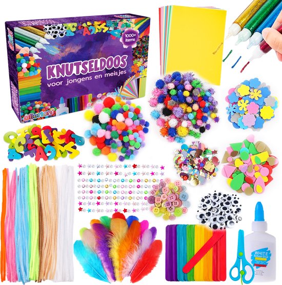 Allerion Knutseldoos – 1000+ Onderdelen – Inclusief Instructieboekje met Voorbeelden – Knutselpakket voor Meisjes & Jongens – Creatief Speelgoed Kinderen 3+ – Vol Stickers, Pompoms, Papier, Glitterlijm & Meer – Knutselen Kinderen – Cadeau Idee