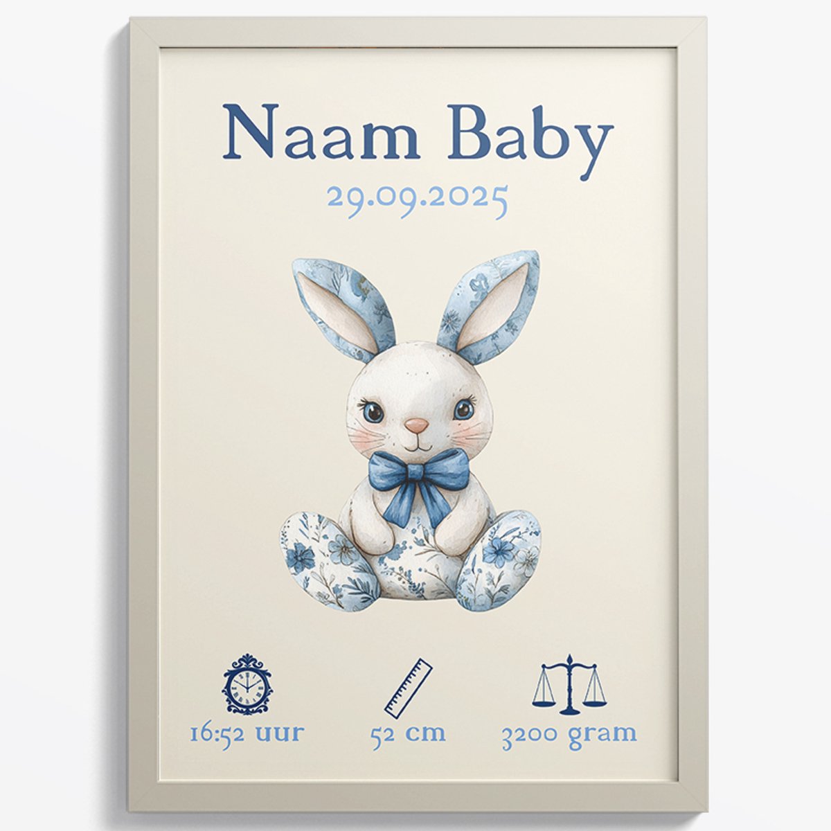 Baby / Geboorte poster - Blauw Konijn- Met Naam, Geboortedatum, Gewicht, Lengte en Tijd -