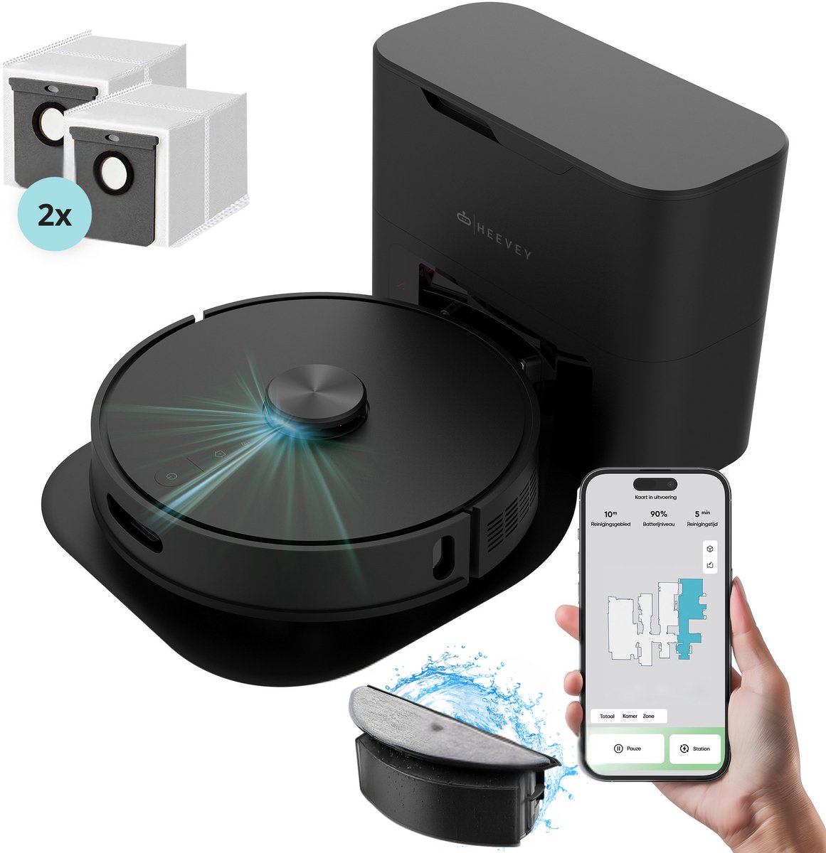 Heevey Robotstofzuiger met dweilfunctie - Automatisch leegstation - Vacuum cleaner - Huisdieren - 7000PA zuigkracht - LDS lasernavigatie - 2 extra stofzuigerzakken - Met app