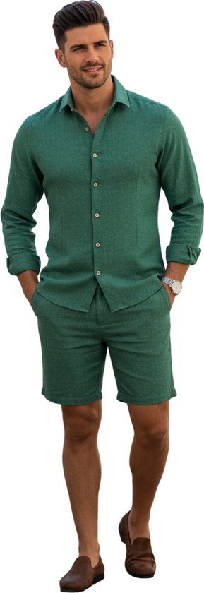 Heren Kleding Set Zomer Groen Linnen Blouse en korte Broek