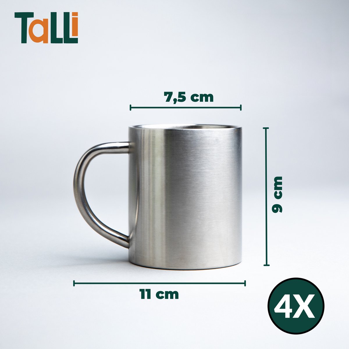 RVS Mok - Set van 4 - TALLI RVS Mok - RVS Beker - Mok 280ml - Koffiebekers - Koffiekopje - Dubbelwandig - Bekers RVS