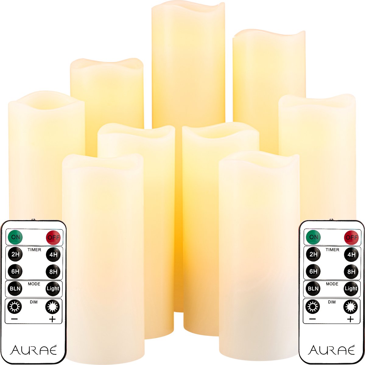 Aurae Led Kaarsen met Afstandsbediening - 9x - Echte Wax - Flikkerende Vlam - 250+ Branduren - op Batterijen - Timer - Kerst Kaarsen Ivoor