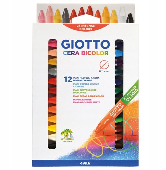 Doos met 12 Giotto Cera Bicolor dubbelzijdige maxi-potloden, 24 intense kleuren, elk potlood met twee kleuren punt.