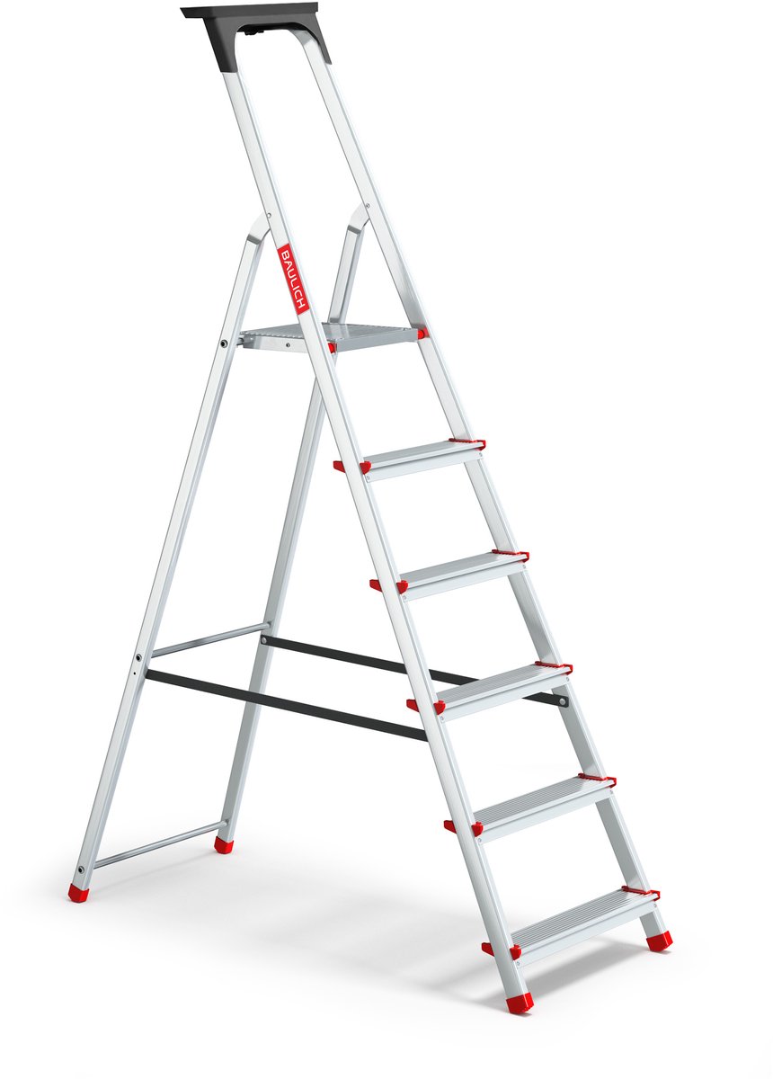 Baulich Huishoudtrap Aluminium - 6 treden met plateau - Opvouwbare vouwladder met antislip treden - Draagvermogen 125 kg - Werkhoogte 319 cm - Stabiele geprofileerde voeten – foto 2