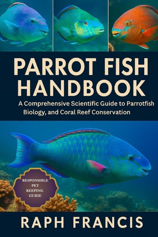 Boekomslag met drie kleine papegaaivisjes bovenaan en een grote blauwe papegaaivis onderaan. Titel: Parrot Fish Handbook.