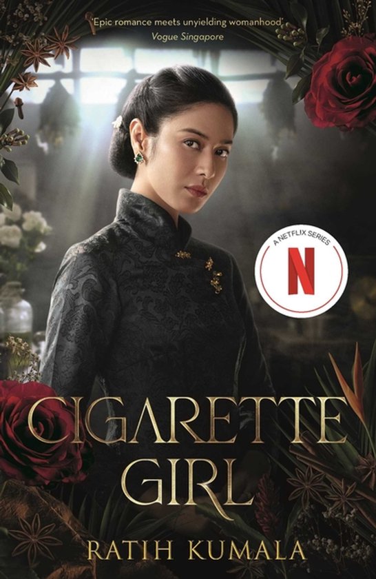 Vrouw in zwarte traditionele kleding op de boekomslag van Cigarette Girl met rode rozen en een Netflix-logo.