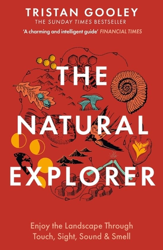 Boek 'The Natural Explorer' door Tristan Gooley. Rode kaft met illustraties van natuurlijke elementen en de titel.