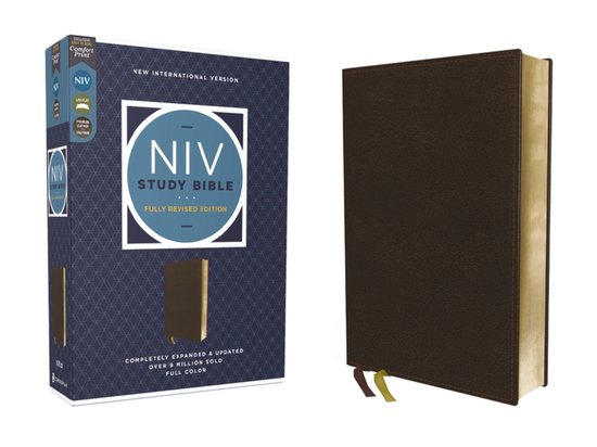 NIV Study Bible, Fully Revised Edition, en cuir marron avec tranches dorées et signets.