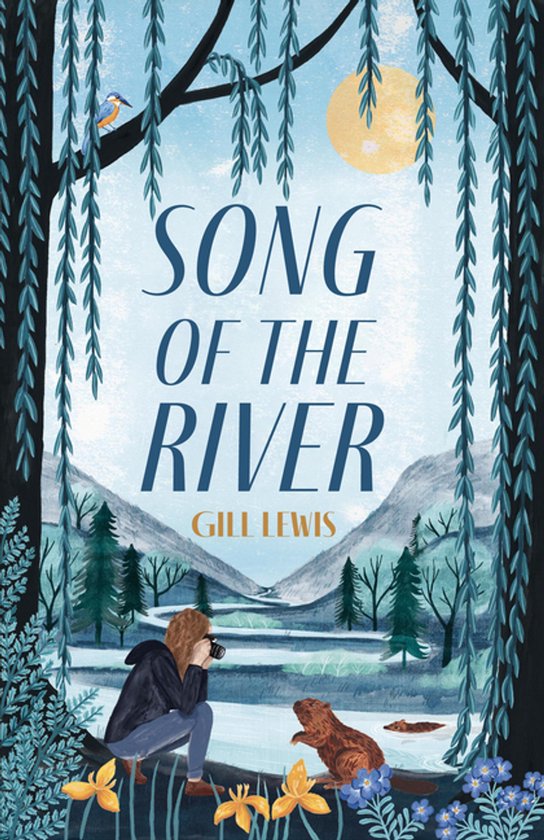 Boek 'Song of the River' met illustratie van een meisje dat een bever fotografeert aan de rivier.