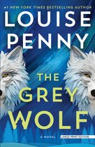 Boekomslag van The Grey Wolf door Louise Penny, met twee witte wolvenkoppen tegen een blauwe achtergrond.
