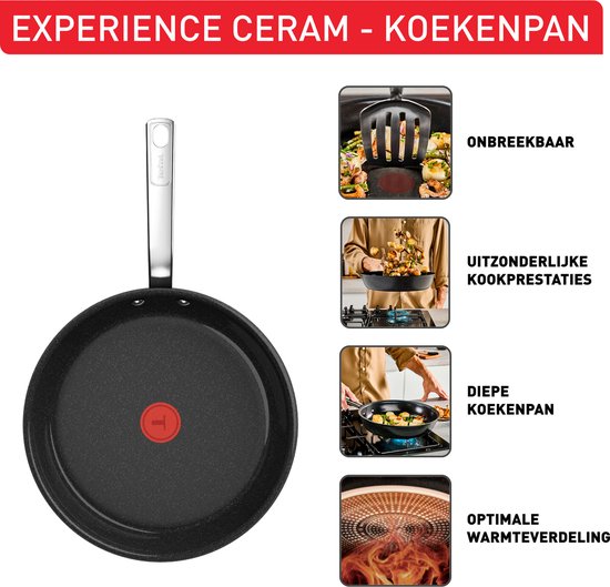 Zwarte Tefal keramische koekenpan met aluminium handvat. Kenmerken: onbreekbaar, uitzonderlijke kookprestaties, diep, optimale warmteverdeling.