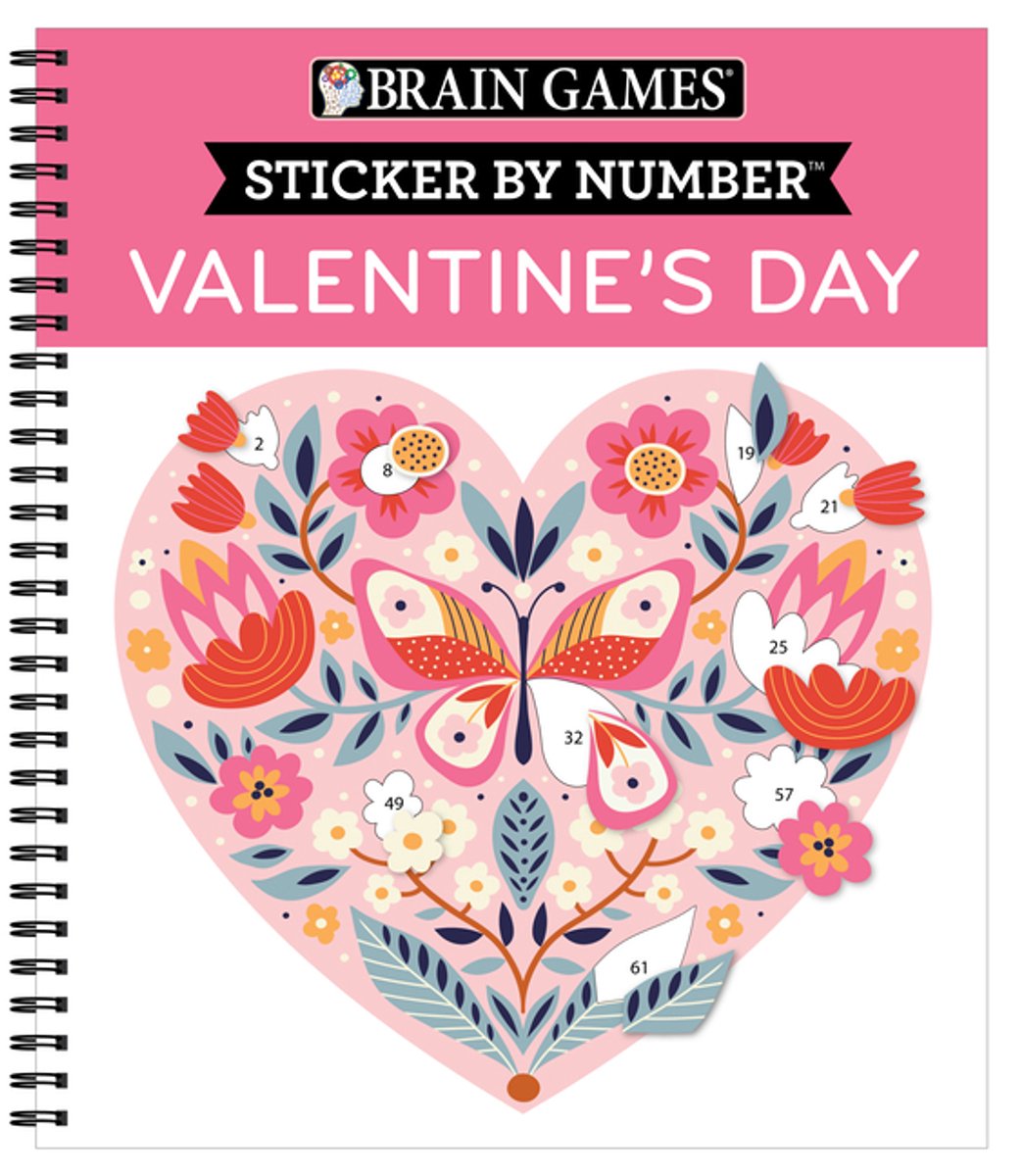 Omslag van Brain Games - Sticker by Number- Brain Games - Sticker by Number: Valentine's Day 10 Heartwarming Designs No Mess Art Activity Book Gift for Kids, Teens & Adults Perforated Pages, Spiral Bound