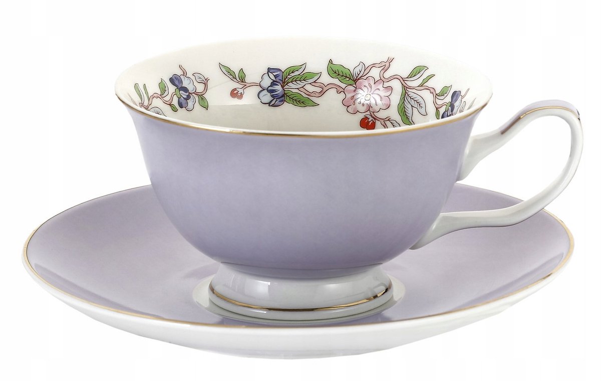 Porseleinen Mok met Schotel - Paars Bloemendesign - 200 ml