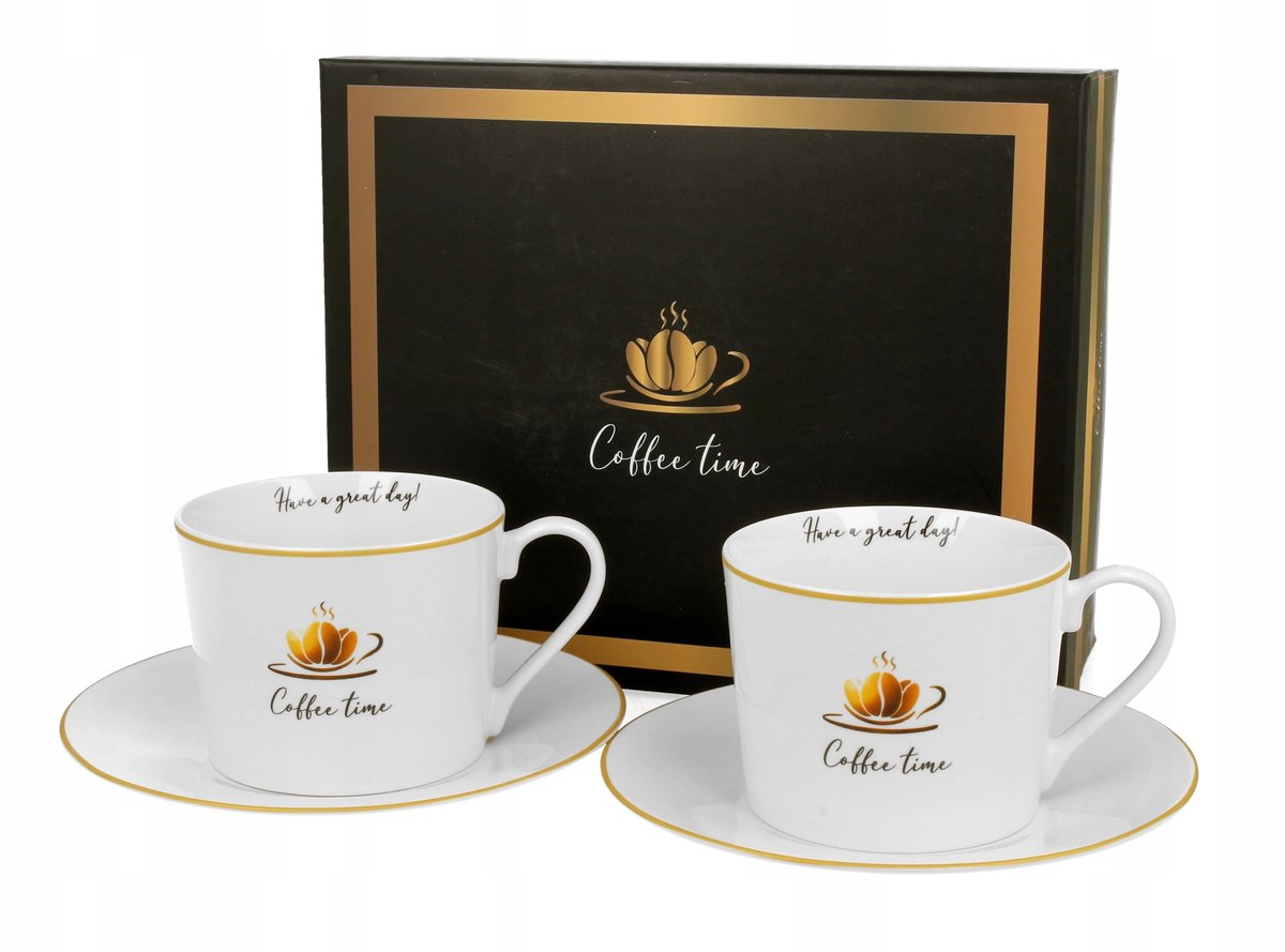 2x Porseleinen Koffiekopjes met Schotels 230ml - KOFFIETIJD 1