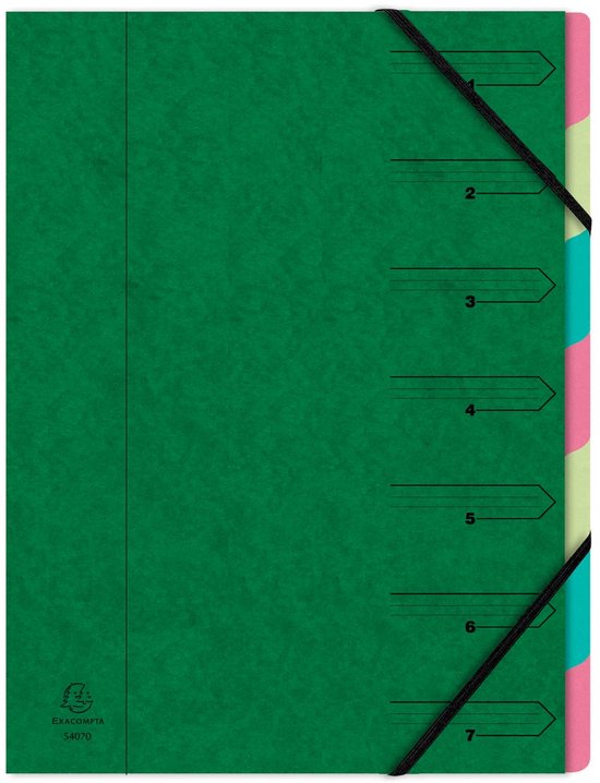 Chemise verte Exacompta avec élastique et 7 onglets numérotés de différentes couleurs sur le côté.
