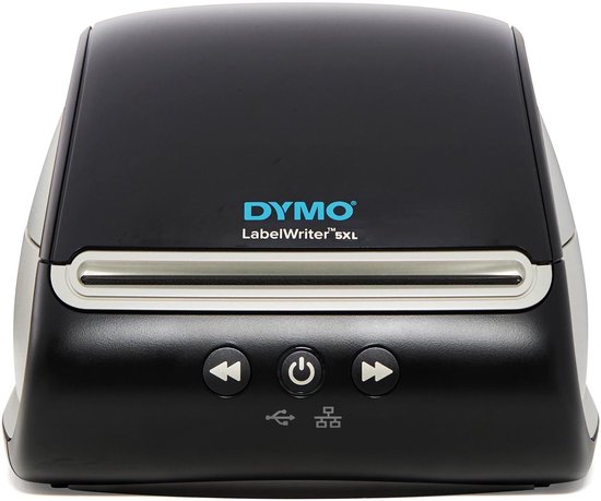 Zwarte DYMO LabelWriter 5XL labelprinter met aan/uit-knop en navigatieknoppen.
