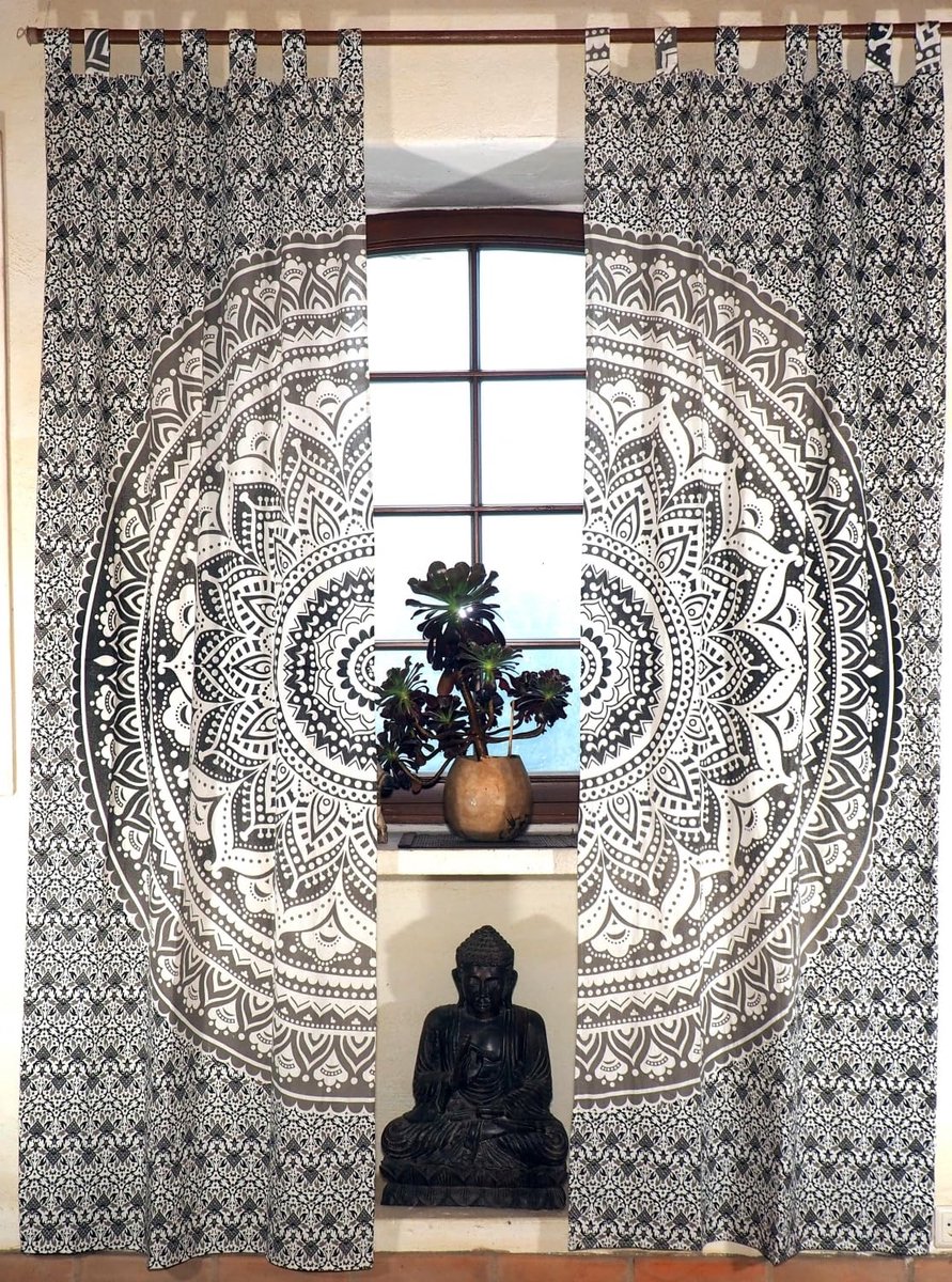 Unyqoos Decoratieve katoenen gordijnen met mandala-motief en lussen in roodpaars wit grijs zwart