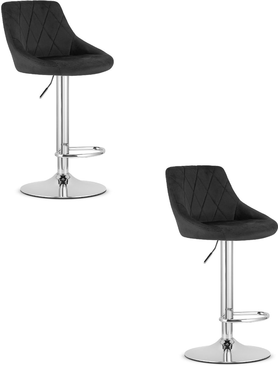 LEOBERT Set van 2 Barkrukken AREX - Velvet Zwart, Chromen Basis, Rugleuning, Modern Design, Hoogte Verstelbaar, 360° Draaibaar, Max. 120 kg zwart / zilver