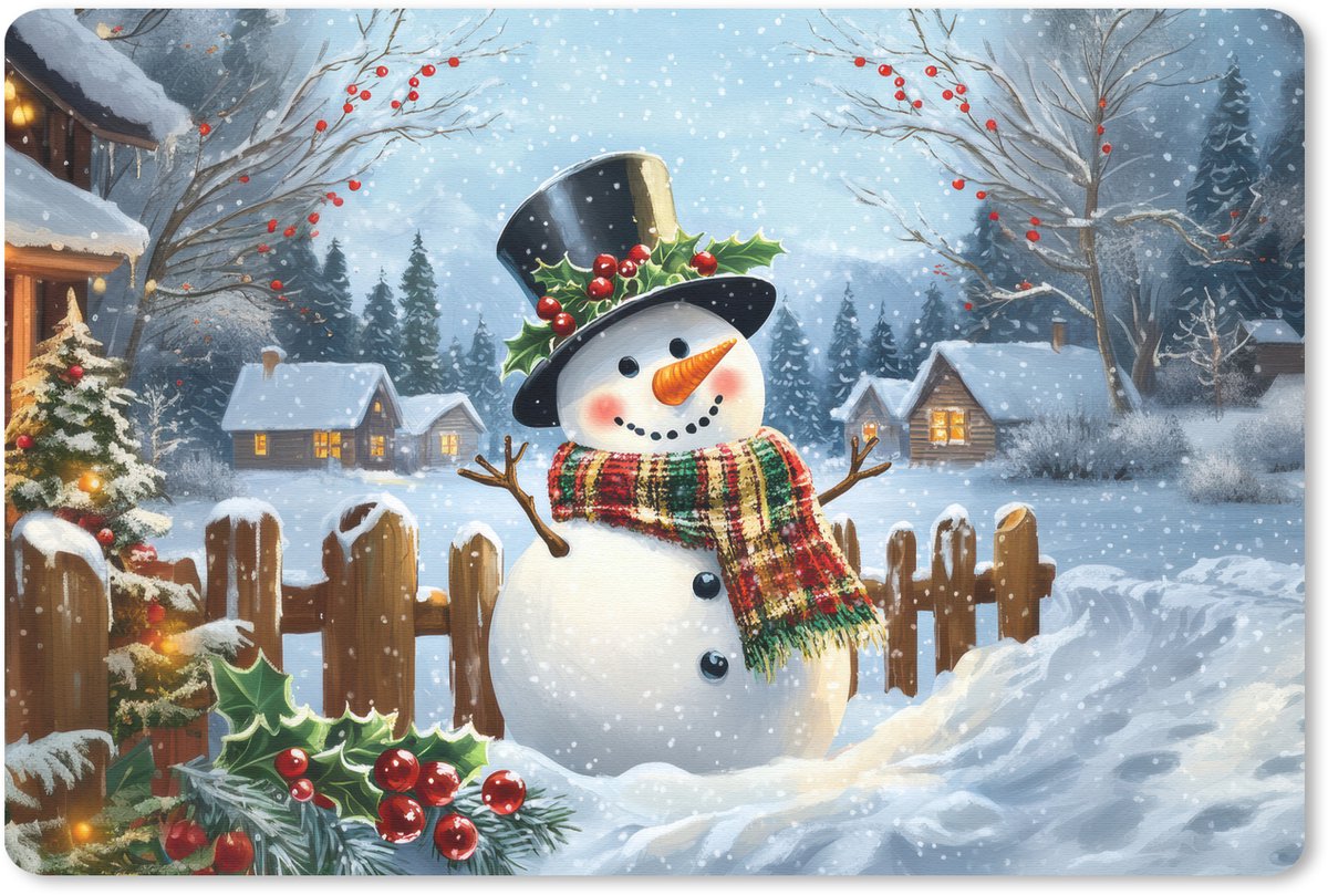 Muismat 27x18 cm - Mousepad Sneeuwpop - Winterdorp - Kleurrijk - Muismatten