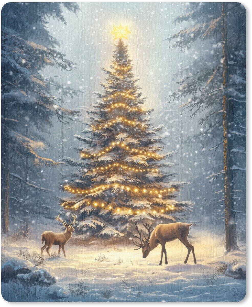 Muismat 19x23 cm - Mousepad Kerstlicht - Woud - Hert - Donker - Muismatten